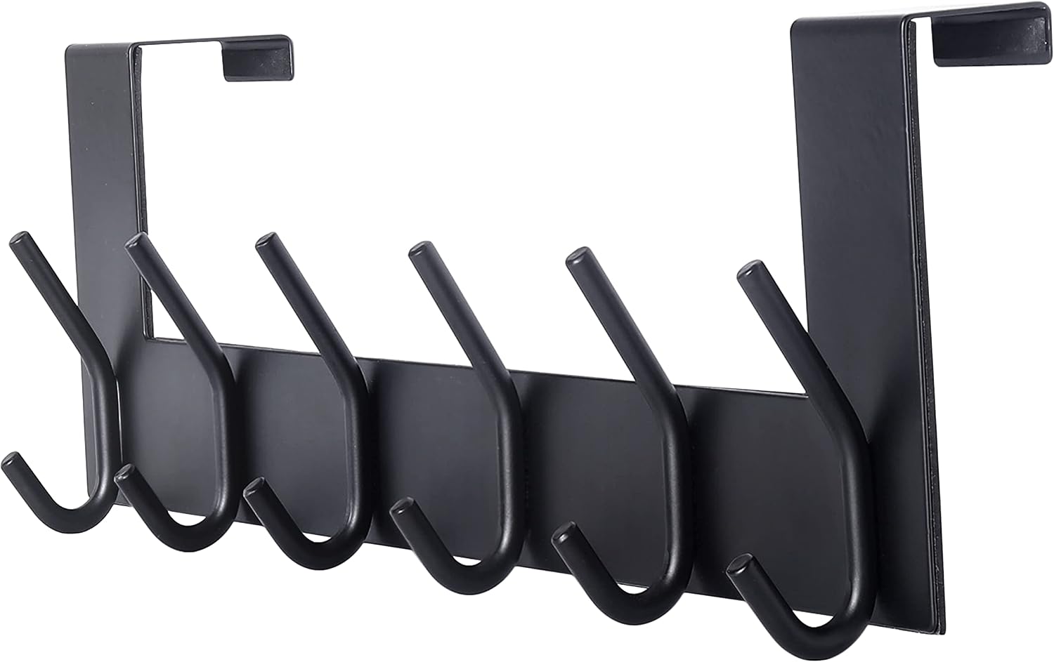SKOLOO Over The Door Hook - 6 Hooks, No Assembly Required, Stainless Steel Door Hooks, Over Door Coat Rack for Hanging Coats Clothes Hats Robes, Black