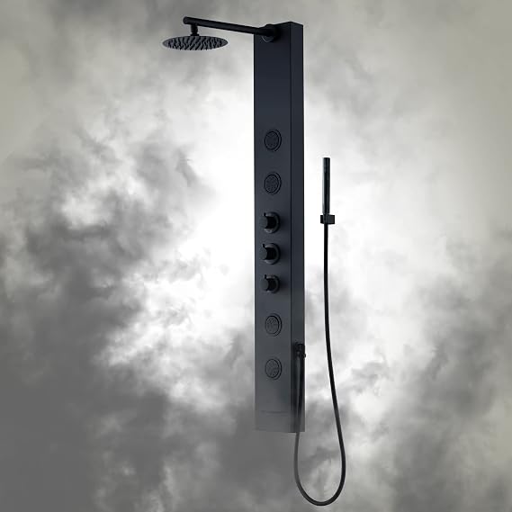 Achelous Round Rainfall Shower Head Panel System with Thermostatic,Stainless Steel High Pressure Turbo Body Jets Waterfall Shower Tower,Brass Handheld Wand in Matte Black