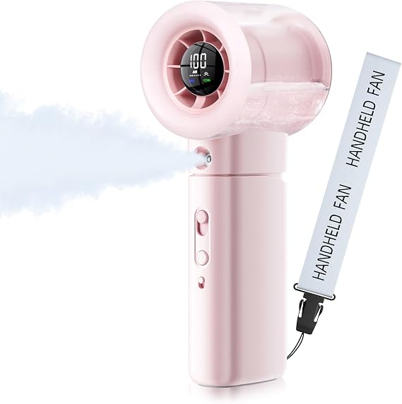 Portable Handheld Misting Fan, 22000RPM High Speed, 50ml Upgraded Water Tank, 100 Speeds Adjustable, LED Display, Rechargeable Mist Cooling Fan for Travel Makeup, Gifts for Women Men (pink)