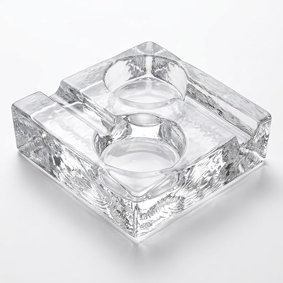 Deconox Patron Model El Yapımı Cam Puro Küllüğü - Dökme Cam Şeffaf Kare Puro Tablası ve Kül Haznesi (14x14x4 cm)