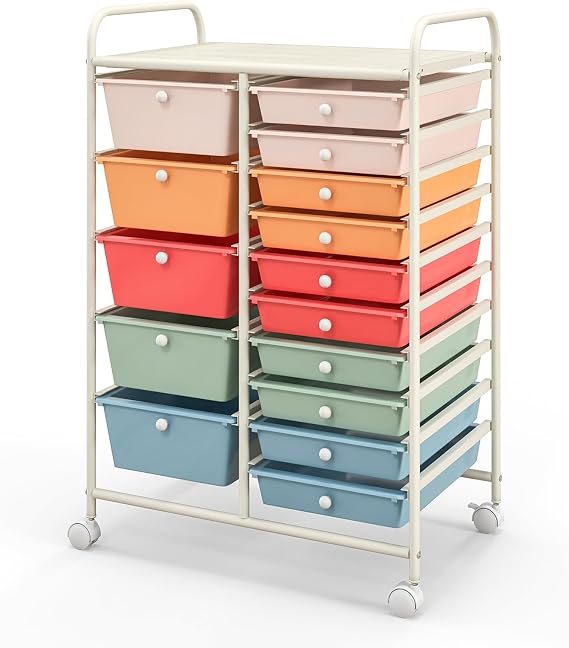 15-Drawer Rolling Cart, Mobile Storage Cart with Universal Wheel & Metal Frame, Multipurpose Trolley Utility Cart, Craft Art Cart Organizer for Home Office School