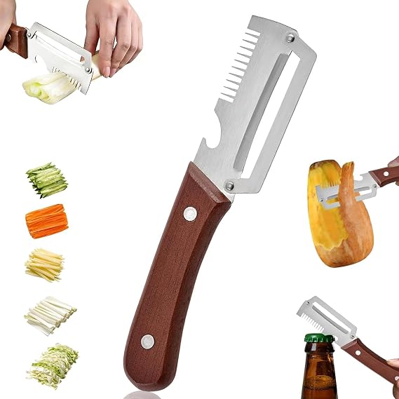 3 in 1 Multi Functional Vegetable Peeler with Bottle Opener, 2026 New Scallion Cutter Wooden Kitchen Tool Fruit and Veggie Peelers Stainless Steel Sugarcane Scraping Machine (B)
