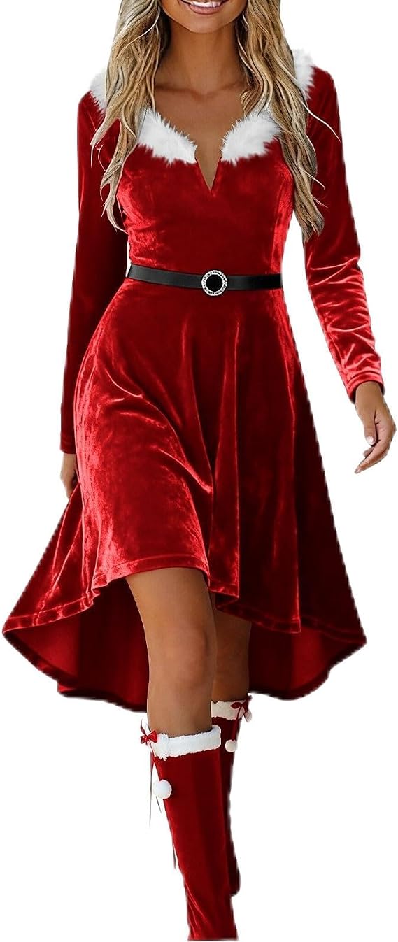 2025 Christmas Costume for Women Mrs Claus Santa Dress Up Fancy Fur Trim Mini Dress Xmas Elf Cosplay Party Costumes