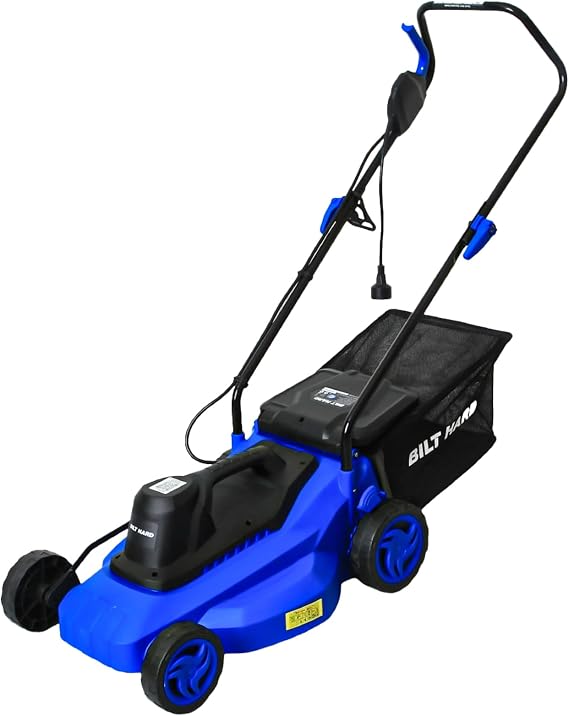 BILT HARD 15" Corded Electric Lawn Mower, 11A Motor 3300RPM Push Mower with 35L Grass Bag, 5 Height Adjustments (1"-3"), Lightweight & Foldable Handle for Small Yards