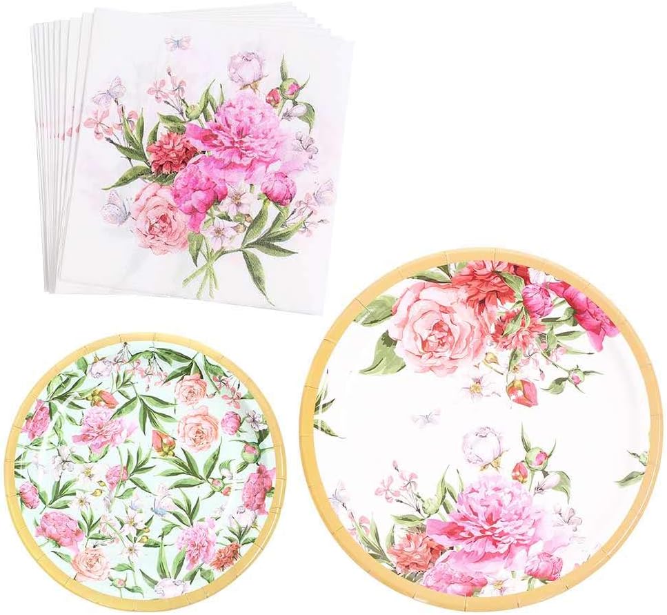 Vintage Floral Party Supplies SetServes 16 - Paper Plates, Napkins|Great for Wedding Parties, Bridal Shower, Baby Shower and Birthday Party