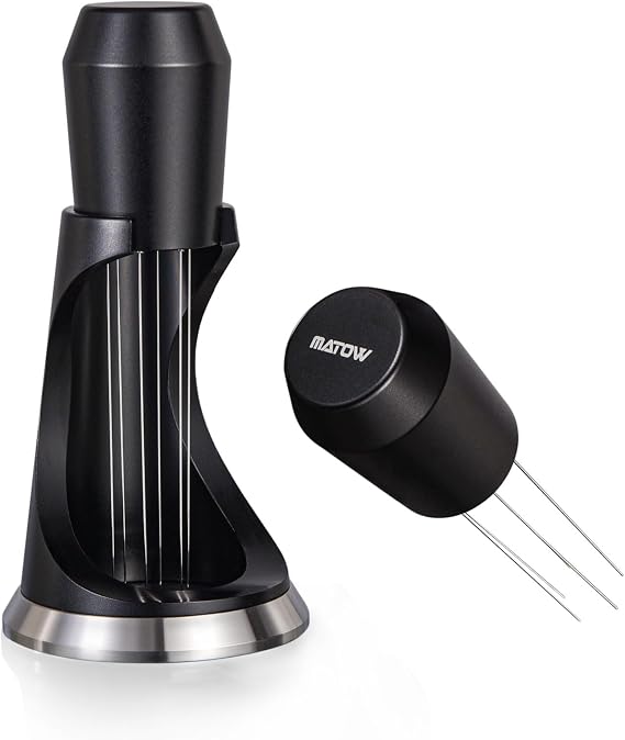 MATOW 6 Prong WDT Espresso Tool with Weighted Stand | 0.4mm Thin Pins, Anodized Aluminum Handle, Self Aligning Catch Tray Stand, Reduce Channeling
