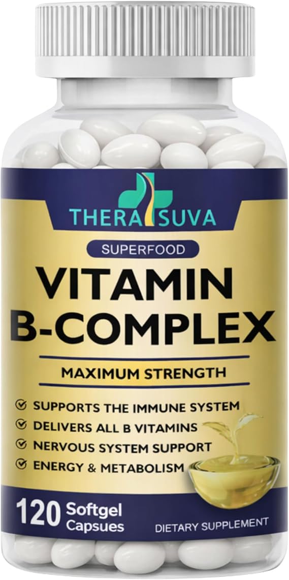 TheraSuva Vitamin B-Complex + CoQ10 + Vitamin C - Max Strength Supplement for Energy, Metabolism Support, 2 Month Supply, 120 Softgels