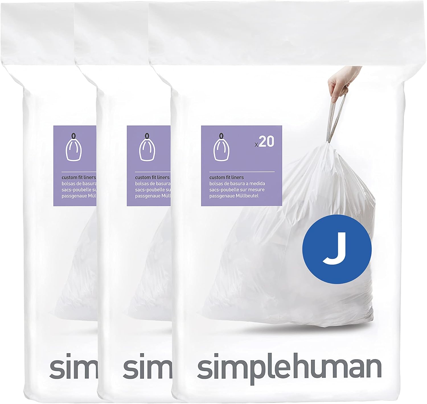 simplehuman CW0259 code J Custom Fit Bin Liner Bulk Pack, White Plastic 3 Pack of 20, Total 60 Liners