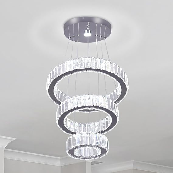 Adjustable 3 Ring Crystal Ring Pendant Chandelier Cool White [Energy Class E]