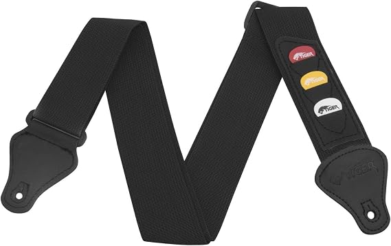 Tiger STP4-BK Guitar Strap with Pick Holders and Picks