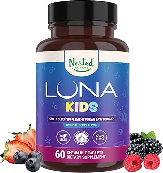 Nested Naturals Luna Kids Sugar-Free Sleep Aid Tablets for Children 4+ Naturally Sourced Ingredients - Herbal Sleep Supplement with Chamomile, Melatonin, Valerian & Lemon Balm - 60 Chewable Tablets