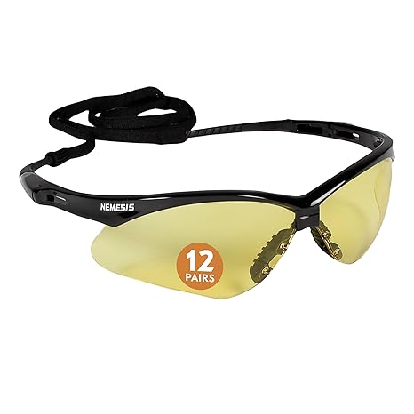 KleenGuardTM V30 NemesisTM Safety Glasses (25659), Amber (Yellow) Lenses, Black Frame, Unisex for Men and Women (Qty 12)
