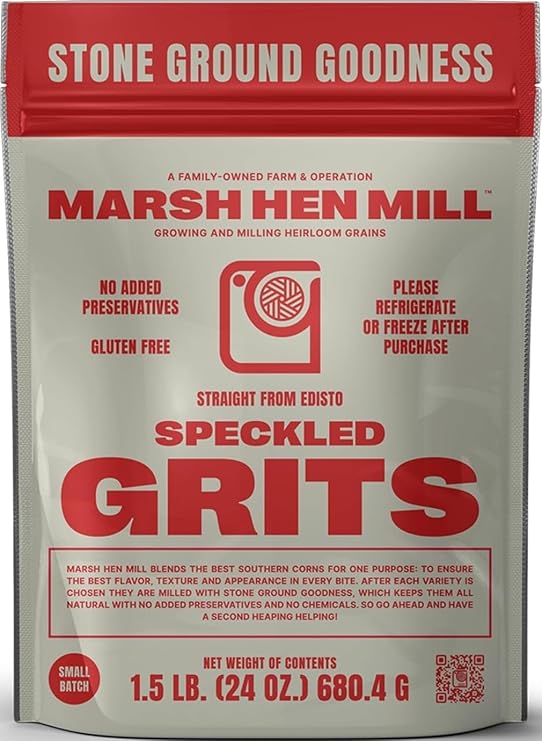Marsh Hen Mill Speckled Grits, Stone Ground Heirloom Blend of Yellow & White Corn, Old-Fashioned, Gluten-Free & No Additives, Pure All-Natural, 24 oz