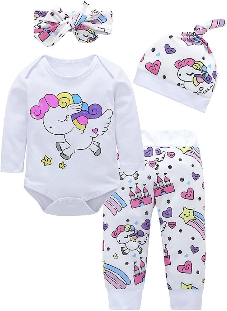 Boys Cartoon 4pcs Set Outfits Girls Clothes RomperPantsHatHeadband Baby Girls Outfits&Set Infant Clothes