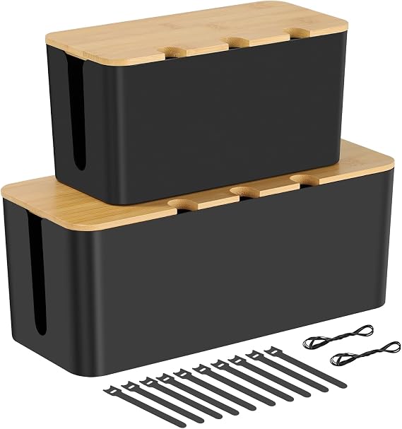 Set of 2 Cable Tidy Box, Cables Management with Reusable Ties Straps, Cable Organizer Box for Desk, Cord Storage Management with Lid,for Hiding Electric Wire Cord, Power Strip, Extension Lead