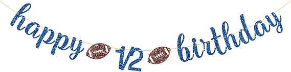 Football Happy 1/2 Birthday Banner, Sport Football Themed Birthday Decorations, 6 Months, Boys Half Year Old Bday Party Supplies (Blue Glitter)