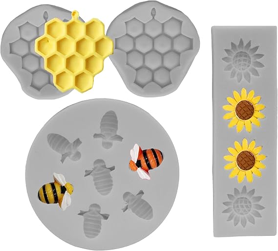 4 Pcs Bee Theme Silicone Mold Honeycomb Sunflower and Bee Fondant Molds Kit Cupcake Hive DIY Chocolate Fondant Candy Cookies Crafting Party Wedding Cake Sugar Dessert Decorating Baking Mold (Gray)
