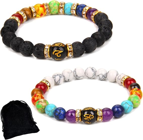 Bracelet 7 Chakra Amour Supreme, Pulsera Arus 7 Chakras, 7 Chakra Bracelet, Religion Healing Real Stones Yoga Reiki Essential Oil Bracelet (2PCS-A)