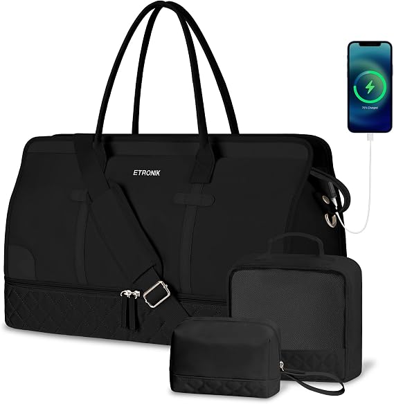 ETRONIK Weekender Bags for Women, Large Travel Duffle Bag with Shoe Compartment & Wet Pocket, Carry On Tote Bag Gym Overnight Bag with Toiletry Bag for Hospital 3 Pcs Set, Large Size, Black