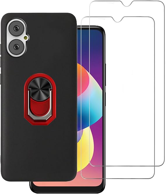 for Nuu Mobile A15 Case 2 Pack Screen Protector Tempered Glass,Nuu A15 Case,Full Body Shock Protective Kickstand 360 Ring Holder Back Phone Case for Nuu Mobile A15 -Red