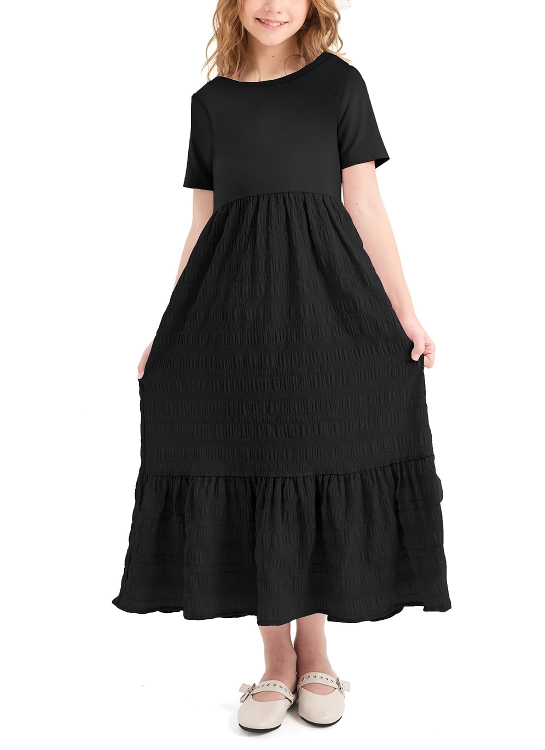 PATPAT Girls Maxi Dress Boho Short Sleeve Long Dresses Casual Sundress with Pockets 5-14 Years
