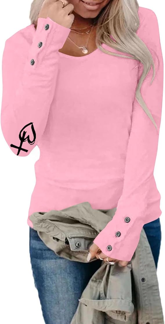 Women Long Sleeve Waffle Knit Henley Shirts Round Neck Casual Slim Fit Thermal Button Up Tunics Tops