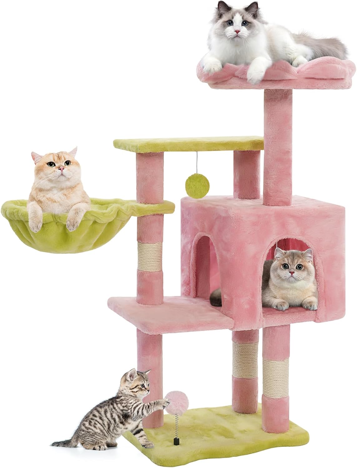 Cat Tree Tower with Metal Frame Hammock, 41'' Cat Trees for Indoor Cats Large Adult, Cat Towers with Scratching Post, Cats Condo furniture with Pink Flower Perch, Cats Climbing Tower for KittensPink