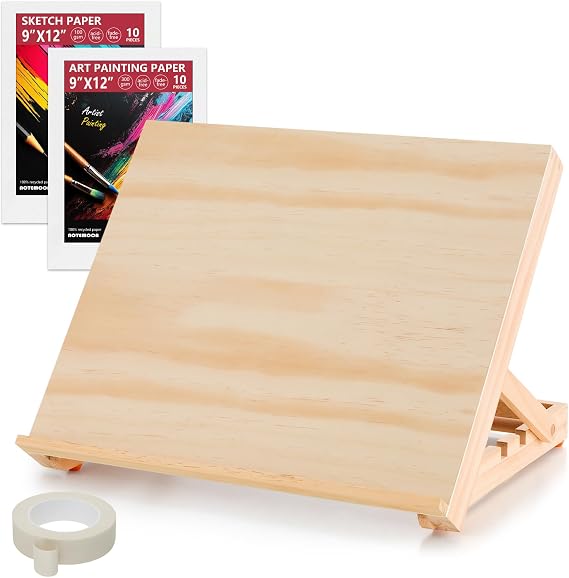 13.8"x11.4" Wooden Tabletop Easel with Paint & Sketch Papers, Masking Tape | Adjustable Art Easel Stand with 3 Angle Settings, Drawing Board for Canvas Painting, Sketching and Book, Tablet Display