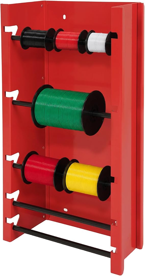 5-Rod Heavy Duty Wall Mount Wire Spool Holder, Steel Cable Storage | Display Rack for Electrical Industrial Garage Workshop or Retail use- 26" x 13.7" x 6", Red/Black - 5 Adjustable Rods