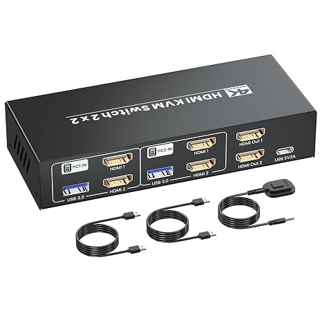 HDMI KVM Switch 2 Minitors 2 Computers, USB 3.0 4K@60Hz Dual Monitor HDMI KVM Switch 2 in 2 Out for 2 PC Share 2 Monitors and 1 Set of Keyboard Mouse and Other USB Devices, Copy Mode & Extended Mode