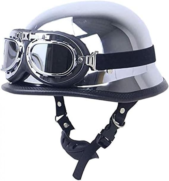 German Style Half Open Face Motorcycle Helmet Skull Hat Retro 1/2 Mirror Chrome Silver ABS Shell Vintage Helmets for Moped Moto Chopper Chrome Scooter +Pilot Goggles, DOT Approved, S-XXL(21.65-25.20)