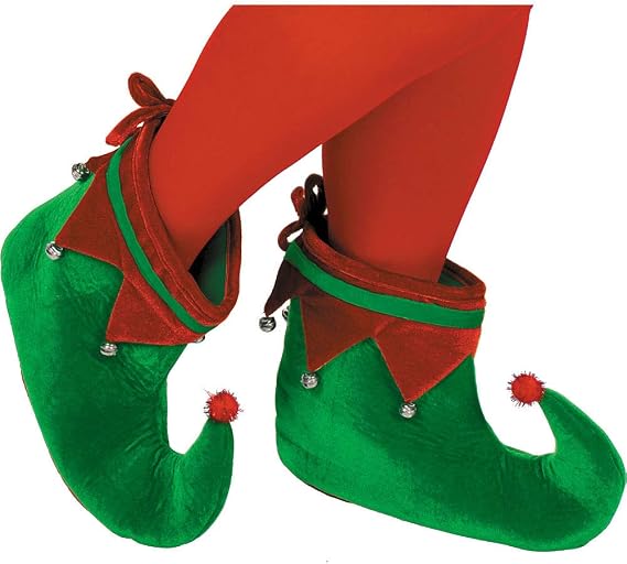 Green And Red Polyester Elf Shoes for Adults (1 Pair) - Unique Soft Elf Boots With Bells, Perfect Costume Accessory for Christmas, Cosplays, Themed Parties, Holidays & More