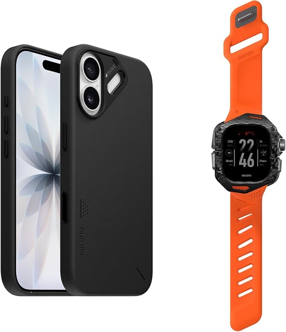 Aulumu A17 Vegan Leather iPhone 17 Case+A01 Carbon Fibre Case with Apple Watch Ultra Band 49MM,Includes (A17) Black + (A01) Orange