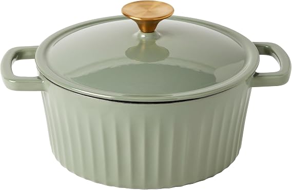 Smith & Clark 3-Quart Enameled Cast Iron Fluted Dutch Oven Pot with Lid, Sage Green