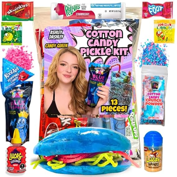 Cotton Candy Pickle Kit-(13 Pcs)-Candy Gift-Easter Gifts For Kids, Teens, teen girl, boy w Cotton Candy Crunch, Chamoy sauce, Mexican candy care package