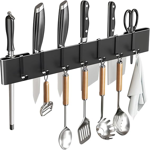 Kitchen Utensil Hanger, Wall-Mounted Utensil Rack with Hooks, Space Saving Kitchen Rack Rail for Home (Black-7Hooks)