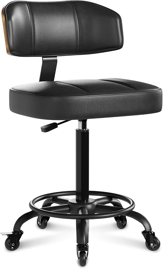 Drafting Chair with Lockable Wheels, Tall Chair Adjustable Stool with Curved Walnut Backrest and Footrest Ring, PU Leather Ergonomic Rolling Chair 300LBS Capacity for Office Workstation(Black)