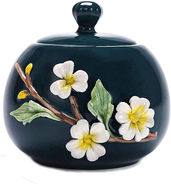 Handmade Ceramic Cremation Urn, Peacock Green Memorial Urn with Gold Strokes, Large & Small Capacity for Adult or Pet Ashes, Decorative Commemorative Box(11.2 * 11.4cm)