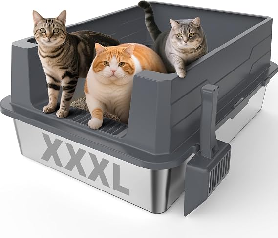 Enclosed Stainless Steel Cat Litter Box with Lid Extra Large Litter Box for Big Cats XL Metal Litter Pan (Dark Gray, -Large)