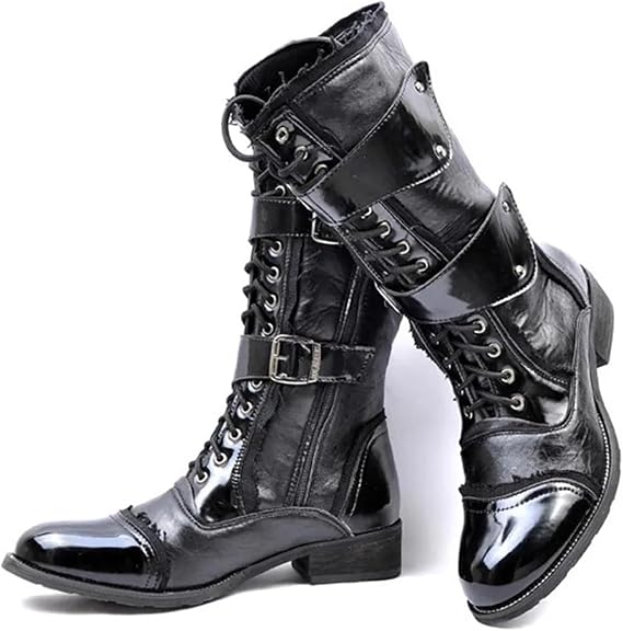 Men High Top Pointed Toe Lacing with Buckle Side Zipper Cowboy Knight Riding Boots PU Leather Cos Stage Performance Outdoor Lace-up Punk Retro Rock Military Camping Climbing Motorcycle Waterproof