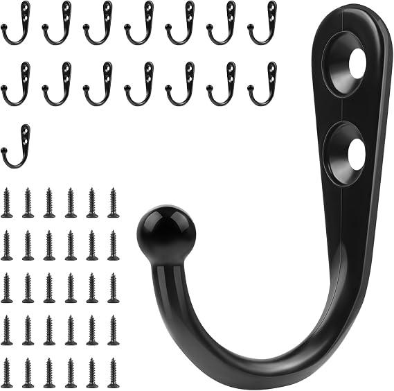 Black Wall Mounted Coat Hooks, 15 Hooks with 30 Screws