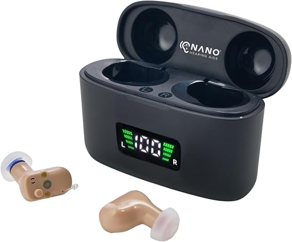 Nano Hearing Aids First Ear Pro CIC - Completely in Canal - For Adults & Seniors with Mild to Moderate Hearing Loss - Includes Rechargeable Battery, Portable Charging Case & Cable