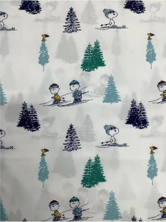 Berkshire Blanket Peanuts Christmas Winter Themed Sheet Sets (White - Blue & Green Trees, Skiing, Queen)