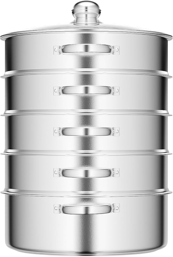 5 Tier Stainless Steel Steamers with Lid, 11inch Multifunctional Steaming Cookware Saucepot Boiler Steaming Pot with Handles, Dishwasher Safe