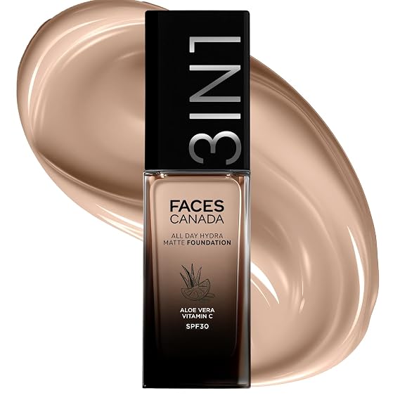 FACES CANADA All Day Hydra Matte Foundation | 3-in-1 Foundation + Moisturizer + SPF 30 | 24 HR Aloe Hydration & Vitamin C | 10HR Long Wear | Medium to High Buildable Coverage | Rich Ivory 013 | 25ml