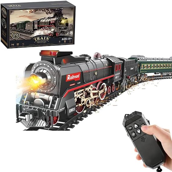 Christmas Electric Remote Control Train Set with Smoke, Lights, Sound, Locomotive Train Model with Track, Remote Carriage, USB Rechargeable, Gifts for Train Lovers