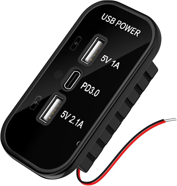 3 Ports 12V USB Socket, RV USB Outlet, Quick Charge PD3.0 Type C & Dual U SB-A Charger Socket Panel, Car Charger U SB 12 Volt Outlet for 12V/24V Car RV Marine Boat (Black-3 Ports)