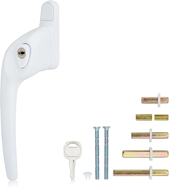 XFORT Cranked Locking Window Handle Installation Kit in White, Left Hand UPVC Window Handle Replacement, Offset Lockable Window Lever