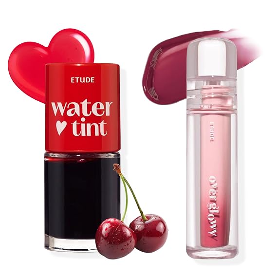 ETUDE Dear Darling Water Tint - Cherry Ade & Over Glowy Tint #6 Humming Pink | Vivid Color Lip Stain with Moisturizing Weightless & Non-sticky Finish Lip Stain | Non-Sticky Vegan Lip Tint | Moisturi