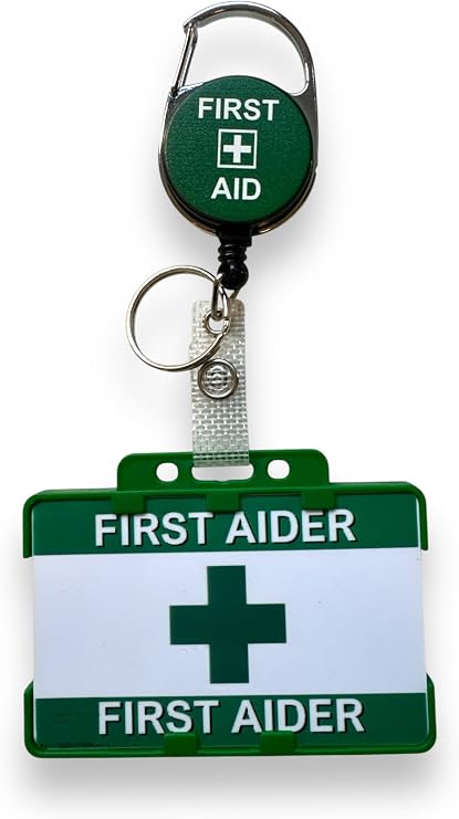 First Aid Printed Card, Double Green ID Card Holder & First Aid Badge Reel (1)